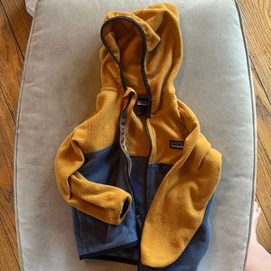 Blue and yellow fleece micro d snap t from Patagonia.